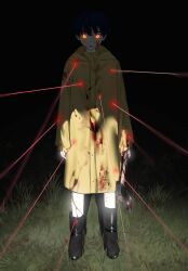 1boy arms_at_sides axe black_boots black_hair blood blood_on_clothes blood_on_face bloody_weapon boots closed_mouth full_body glowing glowing_eyes grass hatchet_(axe) highres holding holding_axe hood hood_down hooded_coat laser laser_pointer_projection long_sleeves looking_at_viewer male_focus night orange_eyes original outdoors raincoat riroi_(rntr_ll) rubber_boots short_hair solo standing straight-on weapon yellow_raincoat
