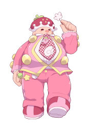 Rule 34 | 1boy, absurdres, anime coloring, arm at side, arm up, bald, fat, fat man, flower, food-themed hat, full body, gingham necktie, half-closed eye, happy, highres, holding, holding flower, jacket, long sleeves, looking at object, looking to the side, male focus, micelle puyo, multicolored shoes, necktie, no mouth, pants, pink jacket, pink pants, pink shoes, purple necktie, puyo (puyopuyo), puyopuyo, red shoes, round nose, shirt, shoes, simple background, solid circle eyes, standing, standing on one leg, strawberry hat, tachi-e, tartar (puyopuyo), two-tone necktie, two-tone shoes, walking, white background, white flower, white necktie, white shirt, yellow trim