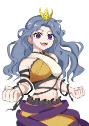1girl :d absurdres black_ribbon blue_hair chirizuka_ubame clenched_hands dress guminemi headpiece highres long_hair messy_hair midriff multicolored_dress navel open_mouth purple_dress purple_eyes purple_ribbon ribbon simple_background smile solo teeth torn_clothes torn_dress touhou upper_body upper_teeth_only wavy_hair white_dress yellow_dress