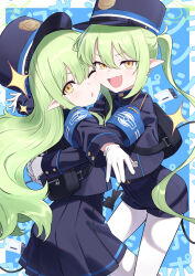 2girls :d armband black_hat black_jacket black_shorts black_skirt blue_archive blue_armband border commentary_request daifuku_(tkja3555) demon_tail fang gloves green_hair green_halo hair_between_eyes halo hat highres hikari_(blue_archive) hug jacket long_hair long_sleeves looking_at_viewer multiple_girls nozomi_(blue_archive) one_eye_closed open_mouth pantyhose pantyhose_under_shorts partial_commentary peaked_cap pleated_skirt pointy_ears short_shorts shorts siblings sidelocks sisters skin_fang skirt smile tail twins twintails white_border white_gloves white_pantyhose yellow_eyes