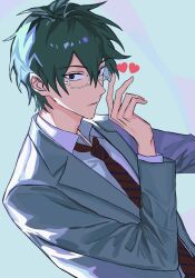 Rule 34 | 1boy, blue background, closed mouth, commentary request, diagonal-striped clothes, diagonal-striped necktie, expressionless, gallery of rat, glasses, green eyes, green hair, grey jacket, hair between eyes, hand up, heart, highres, jacket, korean commentary, lapels, long sleeves, male focus, necktie, notched lapels, open clothes, open jacket, otowa rui (saibou shinkyoku), red necktie, red pupils, saibou shinkyoku, semi-rimless eyewear, shirt, short hair, solo, striped clothes, upper body, white-framed eyewear, white shirt