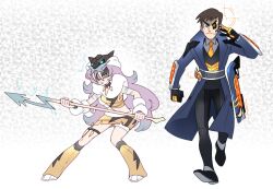 1boy 1girl alternate_costume anabel_(pokemon) black_eyes blue_coat bright_pupils closed_mouth coat commentary_request cosplay frown gen_2_pokemon gloves hand_up holding holding_polearm holding_weapon leg_warmers legendary_pokemon long_hair looker_(pokemon) nintendo open_clothes open_coat pants pokemon pokemon_dppt pokemon_platinum pokemon_sm polearm purple_hair raikou raikou_(cosplay) shaded_face shoes short_hair spear standing thigh_strap vergolophus walking weapon white_footwear white_pupils