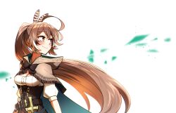 1girl absurdres ahoge belt brown_capelet brown_cloak brown_corset brown_eyes brown_hair cape capelet cloak corset dagger ddolbang falling_leaves feather_hair_ornament feathers hair_lift hair_ornament hieroglyphics highres hololive hololive_english hood hooded_cloak knife leaf long_hair looking_back looking_to_the_side multicolored_hair nanashi_mumei nanashi_mumei_(1st_costume) ponytail pouch shirt smile streaked_hair upper_body very_long_hair virtual_youtuber weapon white_background white_shirt wind