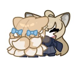 +_+ 2girls amedrama animal_ears animated animated_gif arknights blonde_hair blue_hairband braid braided_hair_rings carrying carrying_person chibi closed_eyes commentary_request fox_ears fox_girl fox_tail green_eyes hair_rings hairband highres kitsune korean_commentary kyuubi mother_and_daughter multiple_girls multiple_tails open_mouth simple_background suzuran_(arknights) tail vulpisfoglia_(arknights) white_background