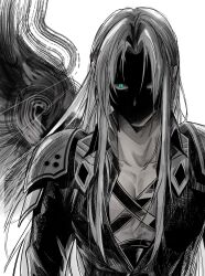 1boy armor black_coat chest_strap coat collarbone final_fantasy final_fantasy_vii final_fantasy_vii_remake green_eyes grey_hair greyscale highres long_hair long_sleeves looking_at_viewer male_focus monochrome parted_bangs sephiroth shaded_face shoulder_armor single_wing slit_pupils solo spot_color straight-on upper_body wings yu_ki_erd