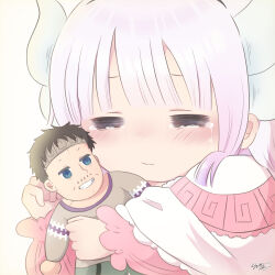 1girl absurdres artist_name blue_eyes blunt_bangs blush bow capelet child close-up closed_mouth crying dragon_horns eyelashes frilled_sleeves frills fur-trimmed_collar fur_trim gradient_hair highres holding holding_toy horns hug hugging_object kanna_kamui kobayashi-san_chi_no_maidragon kuma_desuyan long_hair long_sleeves multicolored_hair puffy_sleeves purple_hair sidelocks signature simple_background sleeves_past_wrists solo stuffed_toy teardrop tears toy upper_body