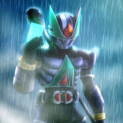 1boy artist_request black_bodysuit bodysuit card commentary compound_eyes highres holding holding_card holding_polearm holding_weapon kamen_rider kamen_rider_blade:_missing_ace kamen_rider_blade_(series) kamen_rider_lance lance_buckle lance_rouzer male_focus multicolored_armor outdoors polearm rain rider_belt rouse_card standing upper_body weapon