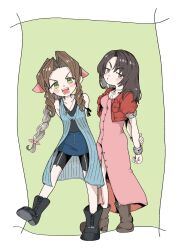 2girls aerith_gainsborough arm_ribbon arms_behind_back bangle bare_shoulders bike_shorts black_footwear black_hair black_ribbon black_shorts blue_skirt blush boots border bracelet braid braided_ponytail breasts brown_footwear brown_hair center_opening choker cleavage cosplay costume_switch cropped_jacket dress final_fantasy final_fantasy_vii final_fantasy_viii full_body furrowed_brow green_background green_eyes grey_eyes hair_ribbon highres jacket jewelry long_dress long_hair medium_breasts multiple_girls necklace open_mouth parted_bangs pink_dress pink_ribbon pout puffy_short_sleeves puffy_sleeves red_jacket ribbon ribbon_choker ring ring_necklace rinoa_heartilly short_sleeves shorts sidelocks single_braid skirt smile souse_me white_border