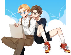 2boys aged_down animification avengers_(series) black_shirt black_shoes black_shorts blonde_hair blue_eyes blue_sky blush border brown_eyes brown_hair brown_pants child chinese_commentary closed_mouth cloud cloudy_sky collarbone collared_shirt commentary_request covered_mouth fingernails full_body hands_on_another&#039;s_shoulder highres holding holding_sketchbook layered_sleeves long_sleeves looking_at_object male_focus marvel multiple_boys outside_border pants shirt shoes short_hair short_over_long_sleeves short_sleeves shorts sitting sketchbook sky sneakers socks steve_rogers suspenders tony_stark white_border white_shirt white_socks yizilu699