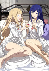 2girls abramelin_(warau_arsnotoria) absurdres bed blonde_hair blue_eyes blue_hair blunt_bangs food fruit_tart highres holding holding_food indoors legs_together long_hair megami_magazine multiple_girls nightgown official_art on_bed open_mouth pajamas palms picatrix_(warau_arsnotoria) pillow purple_eyes scan sidelocks sitting smile tart_(food) teeth thighs ukimura_haruna upper_teeth_only v-shaped_eyebrows warau_arsnotoria white_nightgown