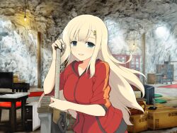 1girl aqua_eyes blonde_hair blush bookshelf box breasts cabinet cardboard_box cave chair collarbone greatsword hair_ornament huge_weapon indoors large_breasts leaning_on_weapon long_hair looking_at_viewer official_alternate_costume official_art parted_lips red_track_jacket red_track_suit senran_kagura senran_kagura_new_link senran_kagura_shoujo-tachi_no_shin&#039;ei smile solo sword table track_suit weapon yaegashi_nan yomi_(senran_kagura)