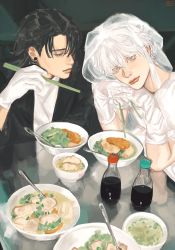 2boys albino bishounen bridal_gauntlets bridal_veil bride colored_eyelashes couple crossdressing dress ear_piercing eating food frilled_thigh_strap getou_suguru gojou_satoru groom highres jujutsu_kaisen long_hair male_bride married multiple_boys piercing thigh_strap trap veil white_dress white_hair yaoi