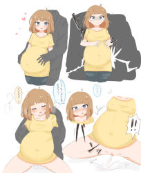 ! 1boy 1girl age_difference ahoge amniotic_fluid artist_request blue_eyes blush breasts brown_hair clitoris contractions giving_birth gluteal_fold heart idolmaster idolmaster_million_live! japanese_text loli lowres medium_breasts navel no_panties out_of_frame partially_undressed pregnant pregnant_loli pussy sequential shirt short_hair size_difference solo_focus spoken_exclamation_mark spread_legs suou_momoko text_focus translation_request uncensored water_break