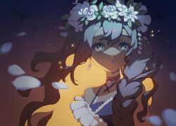 1girl absurdres adversarial_noise aqua_eyes backlighting bare_shoulders blue_dress brown_hair dark-skinned_female dark_background dark_skin dress fatutu flower flower_wreath head_wreath highres long_hair looking_at_viewer reverse:1999 shell sleeveless sleeveless_dress solo takiminada triangle_mouth upper_body white_flower