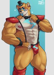 1boy abs animal_ears artist_logo artist_name ass bara bear_boy bear_ears bear_tail black_bow black_bowtie blush bow bowtie bracelet bulge claws commentary english_commentary fangs five_nights_at_freddy&#039;s five_nights_at_freddy&#039;s:_security_breach flying_sweatdrops furry furry_male glamrock_freddy hat highres jcxraf jewelry logo male_focus male_underwear muscular muscular_male navel nipples pectorals red_male_underwear smile spiked_bracelet spikes star_(symbol) suspenders sweatdrop tail top_hat topless_male underwear