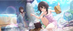 2girls armpit_crease black_cat blue_sky braid breasts brown_hair bubble bucket cat chomusuke cleavage closed_mouth cloud cloudy_sky collarbone crown_braid day from_below game_cg hands_up highres holding kneeling kono_subarashii_sekai_ni_shukufuku_wo! konosuba!_fantastic_days large_breasts long_hair looking_at_another low_twintails megumin multiple_girls naked_towel official_art onsen open_mouth outdoors red_eyes shade short_hair short_hair_with_long_locks sidelocks sky small_breasts smile soap_bubbles standing sunlight towel triangle_mouth twintails v-shaped_eyebrows wet wooden_bucket yunyun_(konosuba)