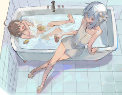 2girls accelerator_(toaru_majutsu_no_index) ahoge albino arm_support bare_shoulders bath bathing bathroom bathtub brown_hair chinese_commentary closed_eyes collarbone commentary_request dress flower from_above genderswap genderswap_(mtf) hair_between_eyes hair_flower hair_ornament highres last_order_(toaru_majutsu_no_index) multiple_girls partially_submerged qyzhiaiyisheng red_eyes rubber_duck sandals short_hair sitting tile_floor tile_wall tiles toaru_majutsu_no_index towel water white_dress white_hair