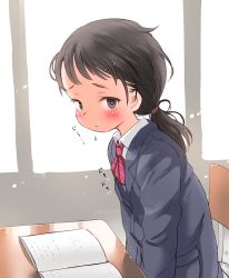 Rule 34 | 1girl, ascot, black eyes, black hair, blush, chair, classroom, desk, female focus, flustered, flying sweatdrops, hair ornament, hairclip, heart, heart-shaped pupils, highres, low ponytail, original, ponytail, school chair, school desk, school uniform, shy, sitting, slouching, solo, symbol-shaped pupils, umekko, window, winter uniform