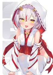 1girl absurdres all_fours bare_shoulders blush breasts detached_sleeves full_body grey_hair hair_between_eyes hair_ornament hairclip hakama hakama_skirt highres japanese_clothes kimono large_breasts long_hair looking_at_viewer miko multicolored_hair ochinsama original red_hair red_hakama ribbon-trimmed_sleeves ribbon_trim saliva saliva_trail sideboob skirt slit_pupils smile solo streaked_hair thighhighs tongue tongue_out wet wet_clothes white_kimono white_thighhighs wide_sleeves yellow_eyes