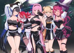 Rule 34 | black hair, black hairband, black horns, black pants, black skirt, black tube top, blonde hair, breasts, colored skin, crop top, cropped shirt, double bun, fingerless gloves, gloves, green eyes, grey skin, hair bun, hairband, heterochromia, highres, hololive, hololive english, hololive indonesia, hood, hood up, hooded jacket, horns, irys (hololive), jacket, kureiji ollie, large breasts, medium breasts, miniskirt, mismatched pupils, momosuzu nene, mori calliope, multicolored eyes, multicolored skin, navel, nerissa ravencroft, orange skirt, pants, patchwork skin, pink eyes, pink hair, pink pants, pointy ears, red eyes, shift (shiftillust), shrug (clothing), skirt, small breasts, stitched face, stitches, strapless, symbol-shaped pupils, thigh strap, tube top, two-tone pants, two-tone skirt, v, virtual youtuber, white jacket, white shrug, white streaks, x-shaped pupils, zombie