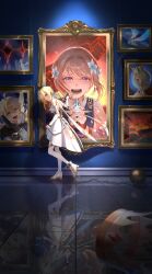 Rule 34 | 1girl, absurdres, aether (genshin impact), arm armor, ball and chain restraint, bare shoulders, black gloves, blonde hair, boots, breasts, brown hair, chain, clenched hand, commentary request, crown, crying, crying with eyes open, detached sleeves, direidyth (genshin impact), dress, feather hair ornament, feathers, flower, from side, full body, genshin impact, gloves, hair flower, hair ornament, highres, holding, indoors, looking at viewer, lumine (genshin impact), medium breasts, open mouth, painting (object), parted lips, partially fingerless gloves, portrait (object), purple eyes, reflection, reflective floor, short hair with long locks, solo, tears, teeth, thigh boots, tile floor, tiles, unworn crown, warp226, white boots, white dress, yellow eyes