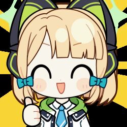 Rule 34 | 1girl, :d, ^ ^, animal ear headphones, animal ears, animated, animated gif, aqua necktie, blonde hair, blue archive, blunt bangs, blunt ends, blush stickers, bow, cat ear headphones, cat ears, chibi, chibi only, chunye haruya, closed eyes, collared shirt, commission, disembodied hand, dot nose, facing viewer, fake animal ears, green bow, green halo, green jacket, hair bow, halo, headphones, hood, hooded jacket, jacket, low-tied sidelocks, lowres, medium hair, midori (blue archive), missing commentary, necktie, open clothes, open jacket, open mouth, parted bangs, school uniform, second-party source, shirt, sidelocks, simple background, smile, solo, sparkle, sunburst, sunburst background, thumbs up, transparent background, upper body, white shirt