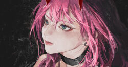 1girl absurdres bare_shoulders black_background black_choker blue_eyes choker closed_mouth commentary darling_in_the_franxx earrings eyeliner highres horns jewelry light_blush liudaohai6001 long_hair looking_to_the_side makeup messy pink_eyebrows pink_hair red_eyeliner red_horns serious shadow single_earring traditional_media very_long_hair zero_two_(darling_in_the_franxx)