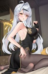 1girl alternate_costume ass backless_dress backless_outfit black_dress black_gloves black_pantyhose blush bracelet breasts china_dress chinese_clothes dress fingerless_gloves gloves hair_ornament hairclip highres impossible_clothes impossible_dress indoors jewelry large_breasts looking_at_viewer looking_back matrix16 on_bed open_mouth pantyhose revision single_fingerless_glove sitting solo wariza white_hair yellow_eyes yixuan_(zenless_zone_zero) zenless_zone_zero