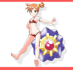 1girl armlet barefoot bikini blue_eyes bow breasts feet gen_1_pokemon groin gym_leader hair_between_eyes hair_bow hair_ornament hand_on_own_hip highres jewelry misty_(pokemon) nintendo one_side_up outstretched_arm pokemon pokemon_(creature) pokemon_lgpe red_bikini ribbon shadow short_hair sideboob small_breasts soles star_(symbol) star_hair_ornament starmie swimsuit takaya_n white_background white_ribbon