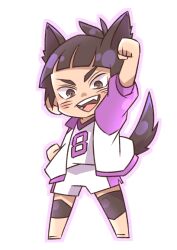 1boy animal_ears arm_up black_hair blunt_bangs blush brown_eyes clenched_hands commentary_request full_body gen_pacchi goshiki_tsutomu haikyuu!! jacket kemonomimi_mode male_focus open_clothes open_jacket open_mouth shiratorizawa_volleyball_uniform shirt short_hair shorts solo sportswear tail teeth tongue v-neck v-shaped_eyebrows volleyball_uniform white_background wolf_boy wolf_ears wolf_tail