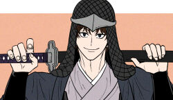 1boy aged_down black_eyes brown_hair commentary_request gintama grey_kimono holding holding_sword holding_weapon japanese_clothes katana kimono looking_at_viewer male_focus official_alternate_costume over_shoulder pike_121 sakamoto_tatsuma sheath sheathed smile solo sword upper_body weapon weapon_over_shoulder