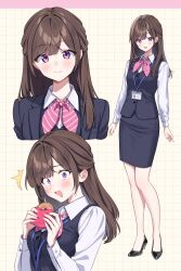 1girl amagi_shino blazer blush bow bowtie brown_hair closed_mouth collared_shirt donut eating embarrassed food high_heels highres holding holding_donut holding_food id_card jacket lanyard long_hair long_sleeves looking_at_viewer neckerchief office_lady open_mouth original pencil_skirt pink_bow pink_bowtie pink_neckerchief purple_eyes receptionist_girl_(amagi_shino) shirt skirt smile solo standing striped_bow striped_bowtie striped_clothes white_shirt