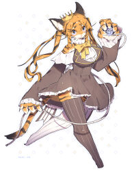 1girl absurdres argyle_background blue_eyes body_fur bow bowtie brown_dress brown_thighhighs claws clothing_cutout commentary_request crown dress frilled_dress frilled_sleeves frills full_body furry furry_female highres kaganoi_(nemi_ze) long_hair looking_at_viewer mini_crown orange_fur orange_hair original shoulder_cutout solo striped_clothes striped_hair striped_thighhighs tail tape_measure thighhighs tiger_girl twintails very_long_hair whiskers white_background yellow_bow yellow_bowtie