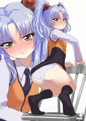1girl akatsu ass black_skirt black_socks blue_hair blush chair commission feet full-face_blush full_body grey_hair hair_bobbles hair_ornament hoshino_ruri kidou_senkan_nadesico kneeling long_hair long_sleeves looking_at_viewer necktie panties pencil_skirt shirt simple_background skeb_commission skirt socks solo sweat twintails underwear vest white_background white_panties white_shirt yellow_eyes