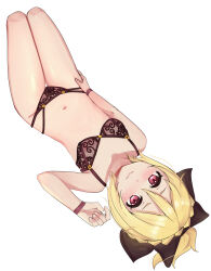 1girl absurdres black_bra black_panties black_ribbon blonde_hair blush bra closed_mouth collarbone dot_nose excited eyelashes feet_out_of_frame felt_(re:zero) female_focus fingernails flat_chest hair_between_eyes hair_ribbon hand_on_own_thigh hand_up high_ponytail highres knees_up legs_together loli looking_at_viewer lying meemz_a navel on_back panties pink_eyes ponytail re:zero_kara_hajimeru_isekai_seikatsu ribbon short_hair short_ponytail simple_background smile solo thigh_gap underwear underwear_only white_background