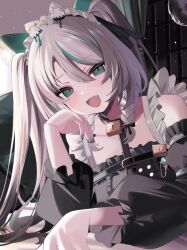 animal_ears bad_tag black_sky braided_sidelocks cake cheek_rest copyright_request cross-laced_clothes cross-laced_sleeves dessert food frilled_straps fuzzy_clothes grey_nails grey_tail highres hinamori_anthea holding holding_saucer indie indie_virtual_youtuber leopard_ears leopard_tail maid nata_(tool) non-web_source red_pupils saucer sky snow_leopard_tail strawberry_shortcake tail teapot virtual wallpaper_(object)
