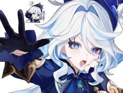 12x_xalter 1girl absurdres blue_eyes blue_gloves chibi furina_(genshin_impact) genshin_impact genshin_impact_sticker_redraw_(meme) gloves hair_between_eyes hand_on_own_face hashtag-only_commentary highres looking_at_viewer meme multicolored_hair multiple_views ouji_fashion outstretched_hand short_hair streaked_hair tagme translation_request white_background