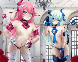 2girls bare_shoulders black_gloves black_panties black_thighhighs blue_eyes blue_hair blush breasts chandelier commentary_request commission falling_petals flower garter_straps gloves highres honkai_(series) honkai_impact_3rd horns indoors liliya_olenyeva long_hair multiple_girls navel nipples no_tail panties petals pink_hair red_flower red_rose rose rozaliya_olenyeva siblings single_horn sisters skeb_commission small_breasts smile stomach thighhighs topless_female underwear white_garter_straps white_thighhighs xkzan