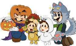 4boys animal_costume baby_luigi baby_mario basket big_nose blue_eyes blue_overalls boo_(mario) boo_(mario)_(cosplay) bowser bowser_(cosplay) brown_footwear brown_hair candy cape child claw_pose closed_eyes commentary cosplay facial_hair fangs food gloves green_shirt halloween highres jack-o&#039;-lantern_head kneeling lollipop luigi mario mario_(halloween) mario_(series) mimimi_(mimimim9999) multiple_boys mustache nintendo open_mouth overalls purple_cape red_shirt shirt shoes simple_background symbol-only_commentary tail teeth toddler tongue tongue_out upper_teeth_only white_background white_gloves wolf_costume wolf_paws wolf_tail
