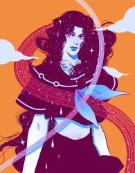 Rule 34 | 1girl, blue skin, colored skin, diamond wa kudakenai, highres, jojo no kimyou na bouken, long hair, love deluxe, midriff, prehensile hair, rain, school uniform, serafuku, solo, standing, starry sky print, tariah furlow, wavy hair, yamagishi yukako