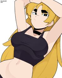 1girl absurdres alternate_eye_color armpits arms_up artist_name bad_id bad_pixiv_id black_choker black_eyes black_tank_top blonde_hair bocchi_the_rock! breasts bright_pupils choker commentary crop_top cropped_shirt dated highres ijichi_seika long_hair looking_at_viewer medium_breasts narrow_waist navel ryu_(ryuwanshoy) simple_background solo stomach tank_top thick_eyebrows upper_body very_long_hair white_background white_pupils