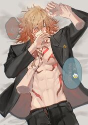 2boys abs black_jacket black_pants blonde_hair blush braid chest_tattoo chinese_commentary chinese_text commentary_request facial_tattoo gradient_hair hair_between_eyes highres holding_another&#039;s_wrist honkai:_star_rail honkai_(series) jacket lying male_focus medium_hair multicolored_hair multiple_boys mydei_(honkai:_star_rail) on_back open_clothes open_jacket pants pectoral_grab phainon_(honkai:_star_rail) qiaose33912 red_hair red_tattoo side_braid tattoo toned toned_male translation_request yaoi yellow_eyes