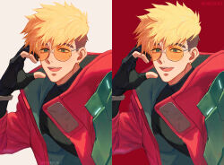 1boy @_(symbol) artist_name black_gloves black_shirt blue_eyes brown_hair earrings firepok gloves gradient-tinted_eyewear heart heart_hands hoop_earrings jacket jewelry looking_at_viewer male_focus mole mole_under_eye multicolored_hair multiple_views muscular muscular_male open_mouth orange-tinted_eyewear partially_fingerless_gloves prosthesis prosthetic_arm recurring_image red_background red_jacket shirt single_earring smile spiked_hair tinted_eyewear trigun trigun_stampede turtleneck turtleneck_shirt two-tone_hair undercut upper_body vash_the_stampede white_background