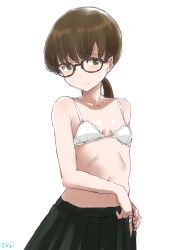 Rule 34 | 1girl, bra, breasts, brown hair, c2-chan, collarbone, embarrassed, fuji (pixiv24804665), glasses, green eyes, green skirt, highres, kantai collection, light blush, looking to the side, low ponytail, medium hair, pleated skirt, ponytail, simple background, skirt, small breasts, smile, solo, sweatdrop, underwear, undressing, white background, white bra