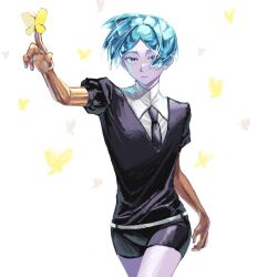 Rule 34 | 1other, aqua eyes, aqua hair, black necktie, black shorts, bug, butterfly, commentary request, eyelashes, gem uniform (houseki no kuni), ghg780850545501, houseki no kuni, insect, looking at viewer, necktie, open mouth, other focus, phosphophyllite, puffy short sleeves, puffy sleeves, short hair, short shorts, short sleeves, shorts, white background, yellow butterfly