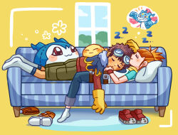 1boy 1girl closed_eyes couch digimon digimon_adventure_02 digimon_tamers dreaming highres lying lying_on_person makino_ruki motomiya_daisuke on_back pokomon_(digimon) rug ryllen shoes simple_background sleeping sleeping_on_person socks stuffed_toy unworn_shoes v-mon window zzz