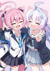 2girls ahoge black_gloves black_jacket black_skirt blue_archive blue_hair blue_necktie blush_stickers closed_eyes collarbone commentary_request commission drawn_ears drawn_whiskers facing_viewer fang fingerless_gloves gloves grey_shirt grey_skirt halo highres jacket koyuki_(blue_archive) kurosaki_kousuke miniskirt multicolored_hair multiple_girls necktie open_mouth pink_hair pink_halo pleated_skirt reisa_(blue_archive) sailor_collar school_uniform serafuku shirt skeb_commission skin_fang skirt thighhighs twintails two-tone_hair v white_jacket white_sailor_collar white_shirt white_thighhighs