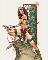 1girl brown_hair green_shoes highres holding holding_polearm holding_weapon jorge_molina long_hair looking_at_viewer marvel multicolored_hair pelvic_curtain polearm rogue_(x-men) shirt shoes signature solo spear torn_clothes torn_shirt two-tone_hair weapon white_hair x-men yellow_shirt