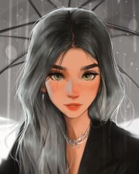 1girl :d backlighting black_coat black_hair coat earrings gradient_hair green_eyes grey_hair hair_over_shoulder highres holding holding_umbrella jewelry lens_flare light_particles long_hair looking_at_viewer multicolored_hair open_mouth original parted_lips sam_yang silver_necklace smile umbrella