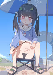 1girl absurdres alternate_hairstyle beach bikini bikini_bottom_only black_bikini black_hair black_sandals blue_archive blue_hoodie blue_sky branch chair collarbone commentary cosplay cropped_hoodie day folding_chair halo highres holding holding_branch hood hoodie house leaf leaf_on_head loli looking_at_viewer micro_bikini miyu_(blue_archive) moe_(blue_archive) moe_(blue_archive)_(cosplay) moe_(swimsuit)_(blue_archive) navel nyune outdoors red_eyes sandals ship sky solo swim_ring swimsuit translated twintails umbrella watercraft white_halo